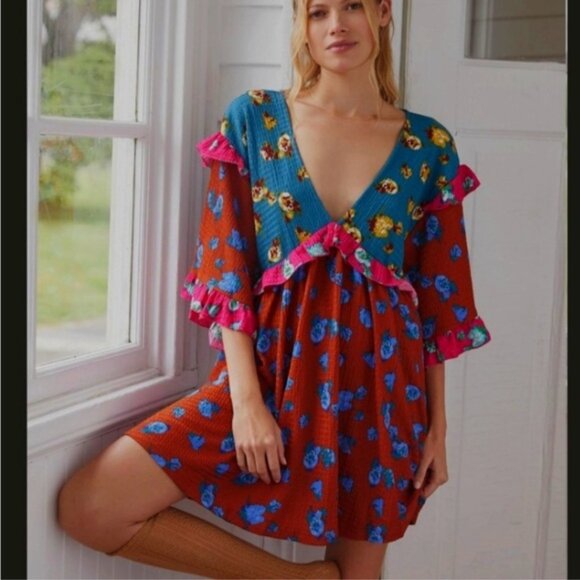 Anthropologie Ruffle Bohemian Mini Dress In Novelty Size Large - Picture 5 of 8
